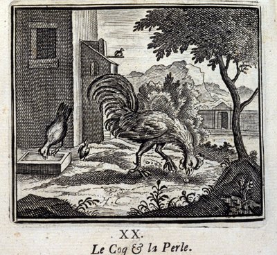 Kohout a perla. Bajky Jean de La Fontaine (1621-95). Ilustrace François Chauveau (1613-1676). Vydání z roku 1728. od Francois Chauveau