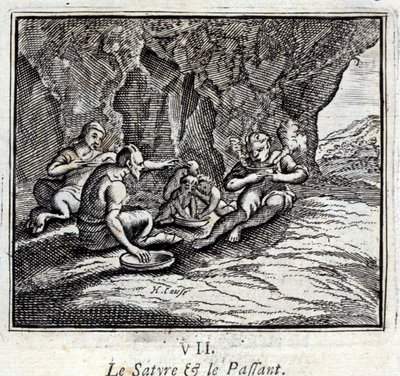 Satyr a cestující. Bajky Jean de La Fontaine (1621-95). Ilustrace François Chauveau (1613-1676). Vydání z roku 1728. od Francois Chauveau