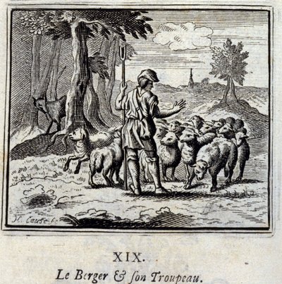 Pastýř a jeho stádo. Bajky od Jeana de La Fontaine (1621-95). Ilustrace François Chauveau (1613-1676). Vydání z roku 1728. od Francois Chauveau