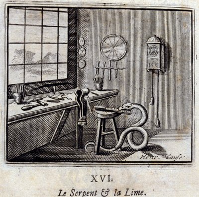 The Snake and the Lime.Bajky Jean de La Fontaine (1621-95). Ilustrace Francois Chauveau (1613-1676). Vydání z roku 1728. od Francois Chauveau