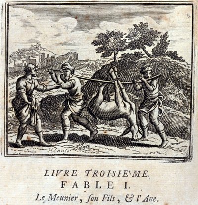 Přísavka, jeho syn a osel. Bajky Jean de La Fontaine (1621-95). Ilustrace François Chauveau (1613-1676). Vydání z roku 1728. od Francois Chauveau