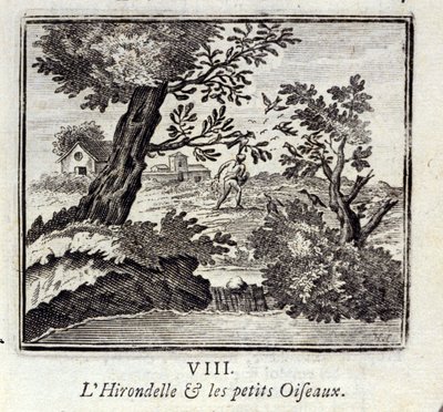 Vlaštovka a ptáčci. Bajky od Jeana de La Fontaine (1621-95). Ilustrace François Chauveau (1613-1676). Vydání z roku 1728. od Francois Chauveau