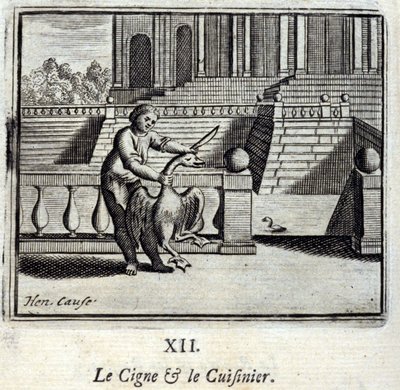 Labuť a kuchařka. Bajky Jean de La Fontaine (1621-95). Ilustrace Francois Chauveau (1613-1676). Vydání z roku 1728. od Francois Chauveau