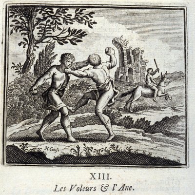 Zloději a Ane. Bajky Jean de La Fontaine (1621-95). Ilustrace Francois Chauveau (1613-1676). Vydání z roku 1728. od Francois Chauveau