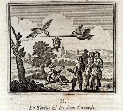 Želva a dvě kachny. Bajky Jean de La Fontaine (1621-95). Ilustrace François Chauveau (1613-1676). Vydání z roku 1728. od Francois Chauveau