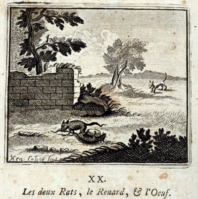 Dvě krysy, liška a vejce. Bajky od Jeana de La Fontaine (1621-95). Ilustrace François Chauveau (1613-1676). Vydání z roku 1728. od Francois Chauveau