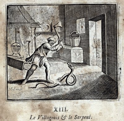 Vesničan a had. Bajky Jean de La Fontaine (1621-95). Ilustrace François Chauveau (1613-1676). Vydání z roku 1728. od Francois Chauveau