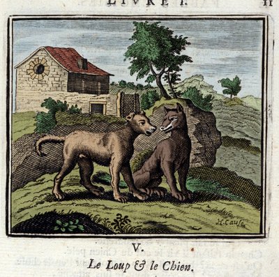 Vlk a pes. Bajky Jean de La Fontaine (1621-1695). Ilustrace Francois Chauveau (1613-1676). Vydání z roku 1728. od Francois Chauveau