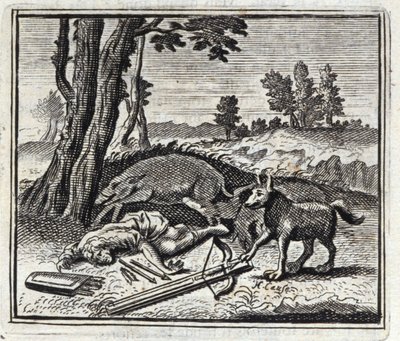 Vlk a lovec. Bajky Jean de La Fontaine (1621-95). Ilustrace François Chauveau (1613-1676). Vydání z roku 1728. od Francois Chauveau