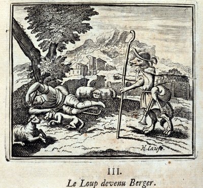 Z Vlka se stal Berger. Bajky Jeana de La Fontaina (1621-95). Ilustrace François Chauveau (1613-1676). Vydání z roku 1728. od Francois Chauveau