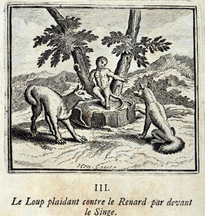 Vlk prosí Lišku před Opicí. Bajky Jean de La Fontaine (1621-95). Ilustrace François Chauveau (1613-1676). Vydání z roku 1728. od Francois Chauveau