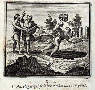Astrolog, který spadne do studny. Bajky Jean de La Fontaine (1621-95). Ilustrace François Chauveau (1613-1676). Vydání z roku 1728. od Francois Chauveau
