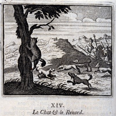 Kočka a liška. Bajky Jean de La Fontaine (1621-95). Ilustrace François Chauveau (1613-1676). Vydání z roku 1728. od Francois Chauveau