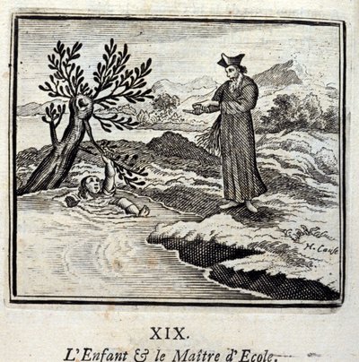 Dítě a ředitel školy. Bajky Jean de La Fontaine (1621-95). Ilustrace François Chauveau (1613-1676). Vydání z roku 1728. od Francois Chauveau