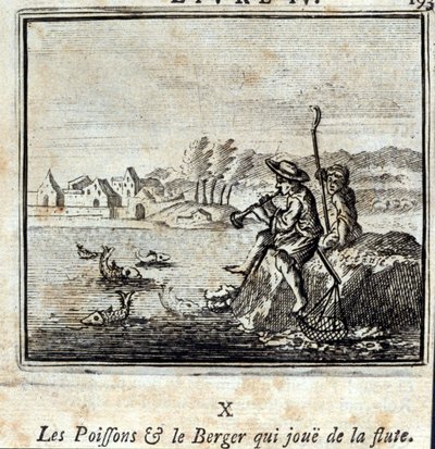 Ryba a pastýř hrající na flétnu. Bajky Jean de La Fontaine (1621-95). Ilustrace François Chauveau (1613-1676). Vydání z roku 1728. od Francois Chauveau