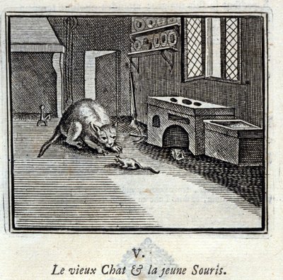 Stará kočka a mladá myš. Bajky Jean de La Fontaine (1621-95). Ilustrace François Chauveau (1613-1676). Vydání z roku 1728. od Francois Chauveau