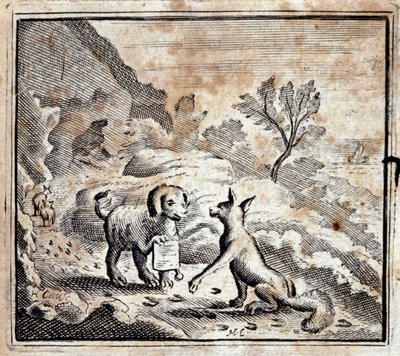 Nemocný lev a liška. Bajky Jean de La Fontaine (1621-95). Ilustrace François Chauveau (1613-1676). Vydání z roku 1728. od Francois Chauveau