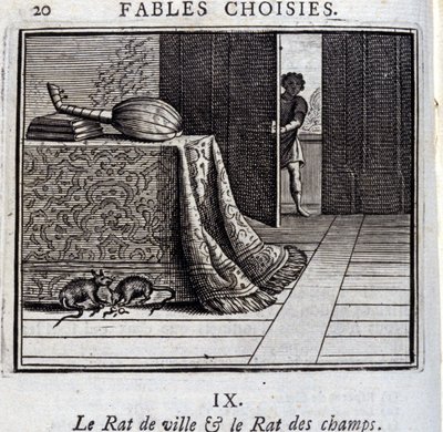 Městská krysa a polní krysa. Bajky Jean de La Fontaine (1621-95). Ilustrace François Chauveau (1613-1676). Vydání z roku 1728. od Francois Chauveau