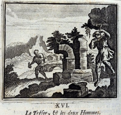 Pokladník a dva muži. Bajky Jean de La Fontaine (1621-95). Ilustrace François Chauveau (1613-1676). Vydání z roku 1728. od Francois Chauveau