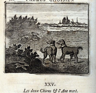 Dva psi a mrtvý osel. Bajky Jean de La Fontaine (1621-95). Ilustrace François Chauveau (1613-1676). Vydání z roku 1728. od Francois Chauveau