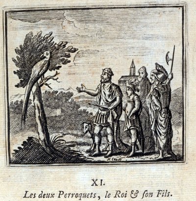 Dva papoušci král a jeho syn. Bajky Jean de La Fontaine (1621-95). Ilustrace François Chauveau (1613-1676). Vydání z roku 1728. od Francois Chauveau