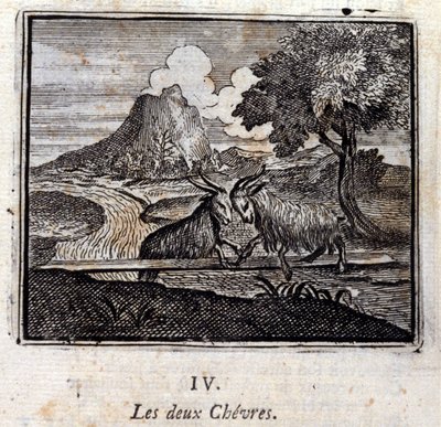 Dvě kozy. Bajky Jean de La Fontaine (1621-95). Ilustrace François Chauveau (1613-1676). Vydání z roku 1728. od Francois Chauveau