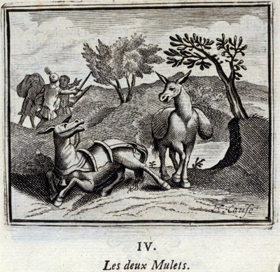 Dva mezci. Bajky Jean de La Fontaine (1621-95). Ilustrace François Chauveau (1613-1676). Vydání z roku 1728. od Francois Chauveau