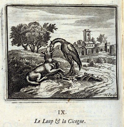 Vlk a čáp. Bajky Jean de La Fontaine (1621-95). Ilustrace François Chauveau (1613-1676). Vydání z roku 1728. od Francois Chauveau