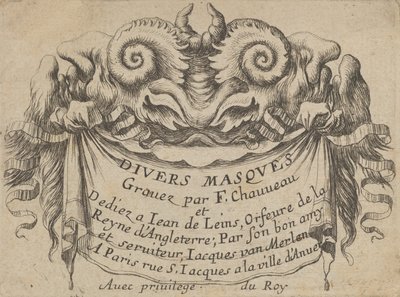 Titulní štítek se dvěma hlavami satyra, od Divers Masques, ca. 1635-45. od Francois Chauveau