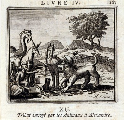 Pocta seslaná zvířaty Alexandrovi. Bajky Jean de La Fontaine (1621-95). Ilustrace François Chauveau (1613-1676). Vydání z roku 1728. od Francois Chauveau
