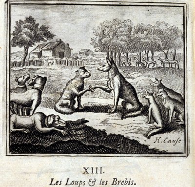 Vlci a ovce. Bajky Jean de La Fontaine (1621-95). Ilustrace Francois Chauveau (1613-1676). Vydání z roku 1728. od Francois Chauveau