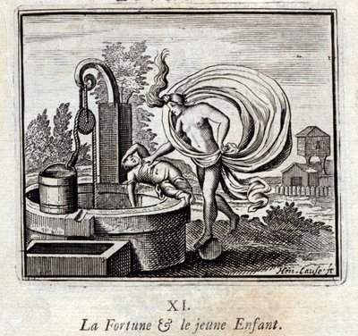 štěstí a malé dítě. Bajky Jean de La Fontaine (1621-95). Ilustrace François Chauveau (1613-1676). Vydání z roku 1728. od Francois Chauveau