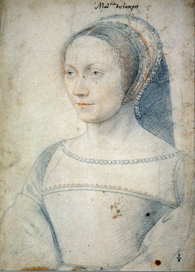 Portrét Anny de Pisseleu, manželky Jean de Brush, vévodkyně z Etampes (1508 - 1576). Kresba černým kamenem a krví od Francoise Cloueta (1515-1572) od François Clouet