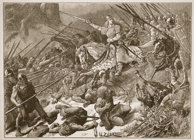 "Dáma Mercijců" bojující s Velšany, ilustrace z "Cassell