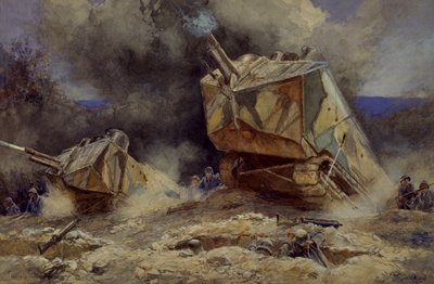 Útok na pěchotu a tanky v Saint Chamond, červenec 1918 (akvarel) od Francois Flameng