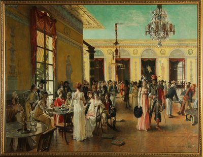 Cafe Frascati (Paříž, Francie), scéna v době Napoleona (konec 18.-1815) - Malba Francoise Flamenga (1856-1923), olej na dřevě od Francois Flameng