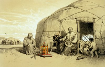 Kalmuks s modlitebním kolem, Sibiř, ilustrace z „Kaspické stepi, Kavkaz, Krym a jižní Rusko“ od Xaviera Hommaire de Hell, kolem 1838-42 (barevné lito) od Francois Fortune Antoine (after) Ferogio