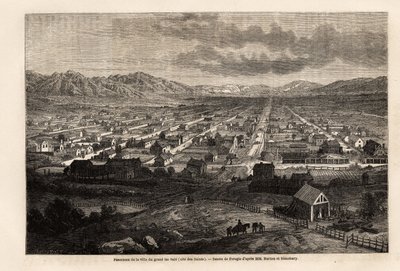 Panoráma města velkého špinavého jezera, citující Svaté (Utah), kresba Ferogia, k ilustraci cesty Richarda Burtona do města Svatých, hlavního města země Mormonů, v roce 1860. Rytina „“ Le tour du monde “, editoval Edouard Charto od Francois Fortune Antoine (after) Ferogio