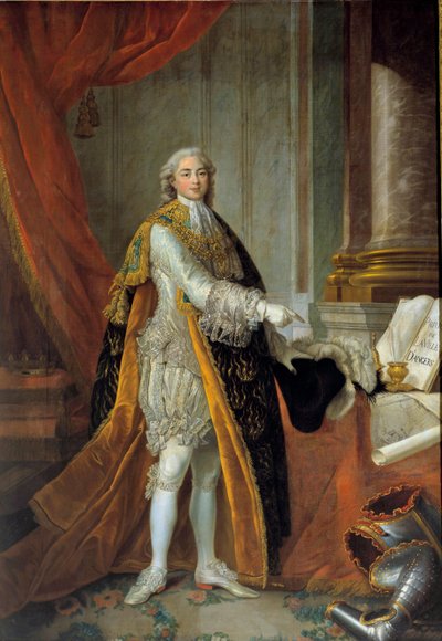 Portrét na nohou Louise Stanislase Xaviera z Francie (budoucího Ludvíka XVIII.), hraběte z Provence (1755-1824) ve skvělém oděvu Řádu Ducha svatého (Řád Ducha svatého) a představující privilegia města Angers“ “””” Obraz od Francoise od Francois Hubert Drouais
