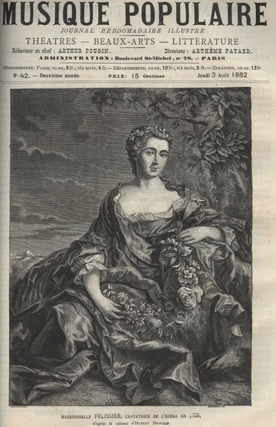 Portrét Marie Pelissierové (nebo Pellissierové) (1707-1749), francouzské operní pěvkyně - rytina podle obrazu Huberta Drouaise - rytina v ilustrovaném týdeníku „“La musique populaire“““ - 1882 od Francois Hubert Drouais