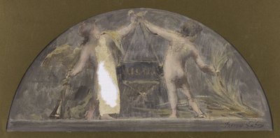Skica jídelny pařížského Hôtel de Ville, jedno dítě drží trubku a druhé zvedá snopek s velkou krabicí. od Francois Lafon