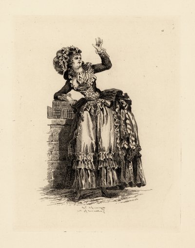 Módní žena v klobouku a la Nicolet, éra Marie Antoinetty (lept) od Francois Louis Joseph (after) Watteau
