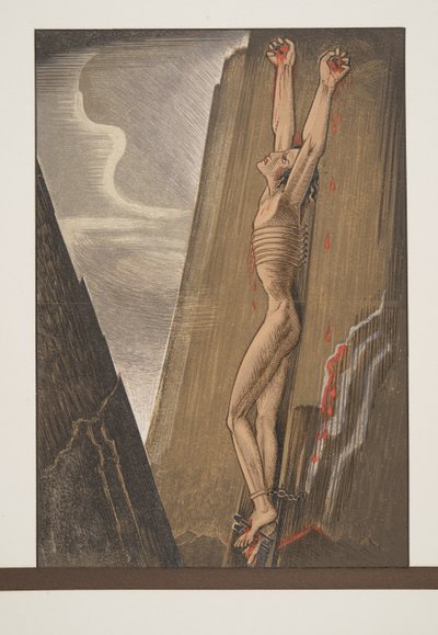 Prométheus přibitý ke skále, z Aischylova Prométhea Enchaîné, vyd. 1941 (pochoárový tisk) od Francois Louis Schmied