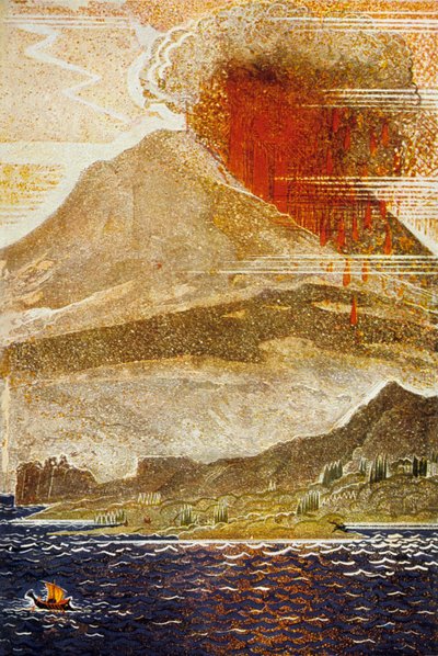 Odyssea od Homera: Odysseus se blíží k ostrovu sopky Cyclops, vyryl Theo Schmied, 1930-33 barevná litho od Francois Louis Schmied