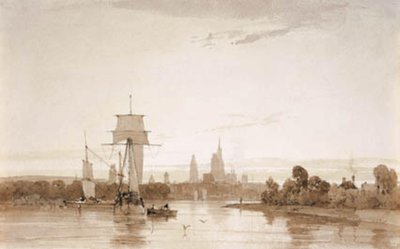 Pohled od Seiny směrem ke katedrále a městu Rouen. Ráno od Francois Louis Thomas Francia