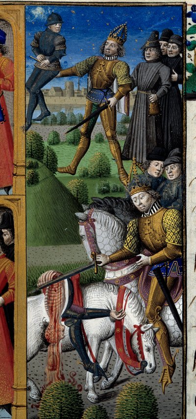 Scény ze života Karla Velikého (742-814) Král Franků: scéna boje. Opice. Miniatura převzatá z rukopisu „Speculum historiale“ (Le Mirror historial) od Vincenta de Beauvais (1184/94-1264) osvícená mistrem Francoisem (15. stol. od Maître François