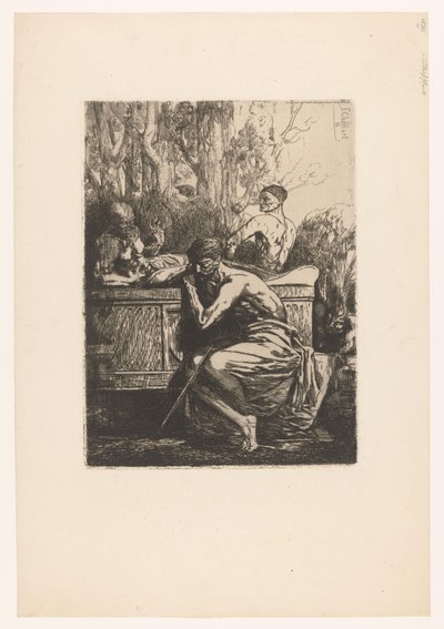 Klasické představení s muži kolem sarkofágu Starožitný Homme devant un tombeau Improvisations sur cuivre (název série) od Francois Nicolas Chifflart