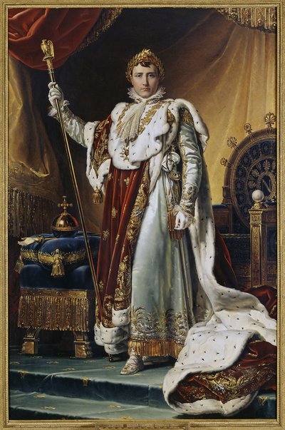 Portrét císaře Napoleona I. Bonaparte (1769-1821) v korunovačním kostýmu. (Portrét císaře Napoleona I. Bonaparta v jeho korunovačním rouchu). Obraz Francois Pascal Simon, baron Gerard (1770-1837), olej na plátně, kolem roku 1804. Francouzské umění od Baron François Pascal Simon Gérard