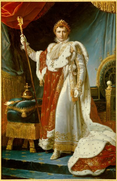 Portrét v nohou Napoleona I. v posvátném kostýmu (1769-1821) císaře francouzského malířství od Francoise Gerarda (1770-1837). 1805. Rozm. 2,23 x 1,43 m. Versailles, musee du Chateau - Celovečerní portrét Napoleona I. v korunovačním rouchu (1769-1821) císař od Baron François Pascal Simon Gérard