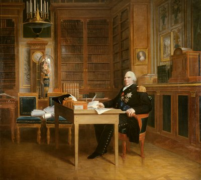 Portrét Ludvíka XVIII. (1755-1824) má svou kancelář v Tuileries a medituje nad obrazem Charty od Francoise Gerarda (1770-1837) po Marigny. 19. století. Ztlumit. 2,7x3,1m. - Portrét Ludvíka XVIII. (1755-1824) meditujícího nad Chartou sedícího u od Baron François Pascal Simon Gérard